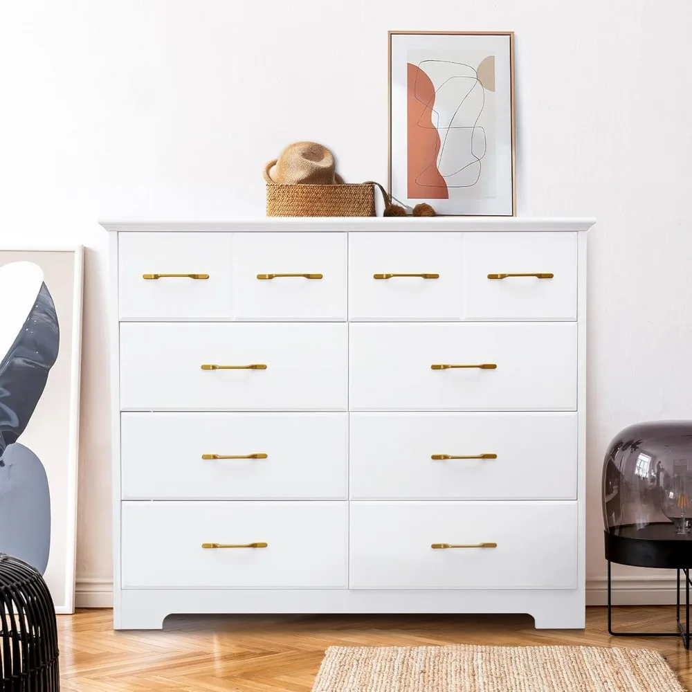 

8 Drawer Dressers for Bedroom, Large White Dresser, 40 Inch Wide Dresser, Mid Century Modern Dresser with Gold Hardware, Wooden