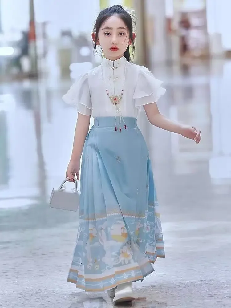 

Girl Pleats Skirt Blue Print Shirt Sets Hanfu Tang Dynasty Horse Face Skirt Chinese Traditional Hanfu Skirt Mamianqun