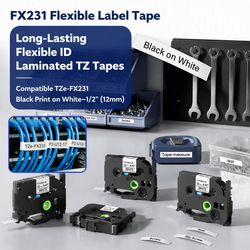 1‑Pack 12mm TZe‑FX231 Flexible ID Wire Label Tape, Replacement Refill Compatible with Brother P‑Touch E1000 Cable Label‑Making M