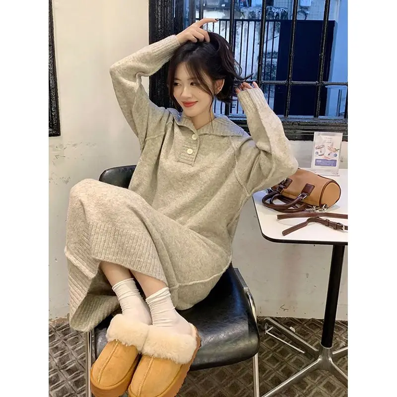 Lapel Button Knitted Dress Women's Korean Version Temperament With Long Over-the-knee With Coat Backing Sweater Skirt