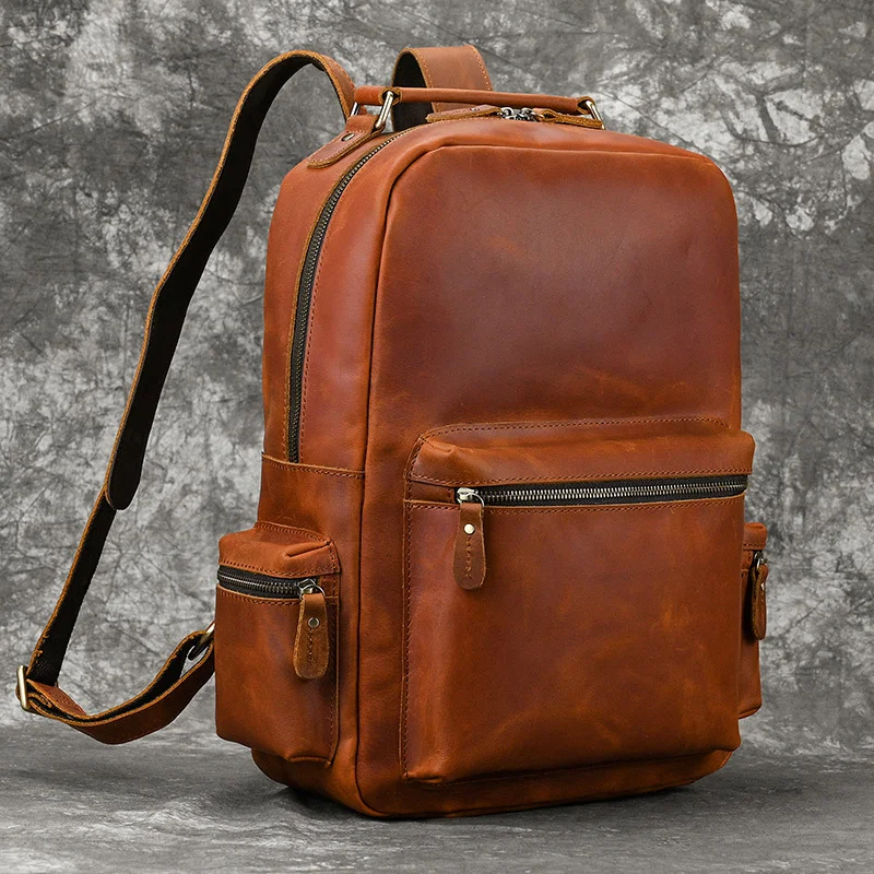 

Dropshipping New Fashion Leather Backpack For Men Male Crazy Horse Laptop Bagpack Travelling Men's Computer Bag Retro