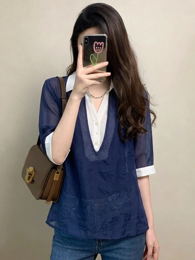 

Elegant Dark Blue V-Neck Short Sleeve Shirt Women's plus Size Summer New Style Korean Version Loose Fit Commute Wind Shirt
