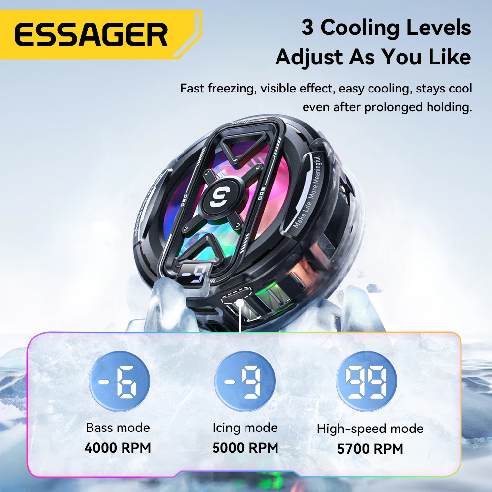 

Магнитный кулер для телефона Essager 2-в-1 с RGB-подсветкой, HD-дисплеем и TEC-охлаждением, 3 уровня быстрого охлаждения для мобильных игр