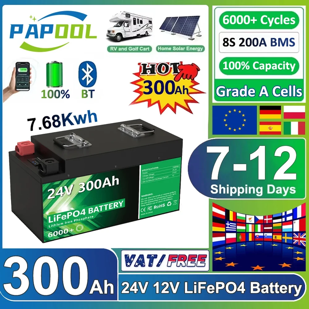 LiFePO4 24V 300Ah 200Ah 100Ah 140Ah 12V 48V Lithium Battery Bluetooth Grade A 6000 Cycle For Solar RV Golf Cart Boat EU PL STOCK