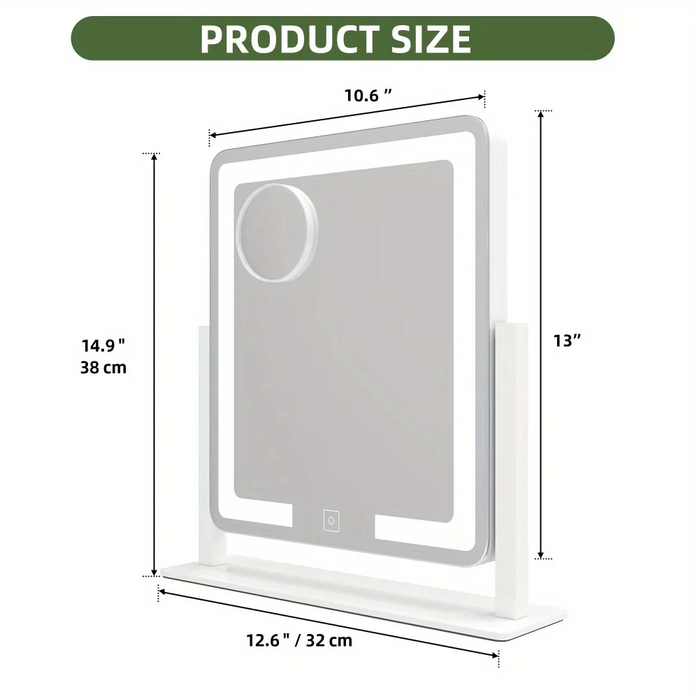 Espelho de maquiagem LED inteligente com 360 °   Rotação, ampliação 10X e 3 modos de luz, espelho de vaidade com controle de toque para maquiagem de precisão
