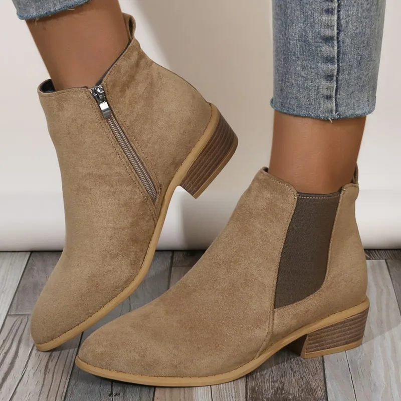 Women's Natural Suede Elastic Patch Low Heel Shoes Autumn and Winter Ankle Boots Square Toe Casual Short Boots Size 36-43