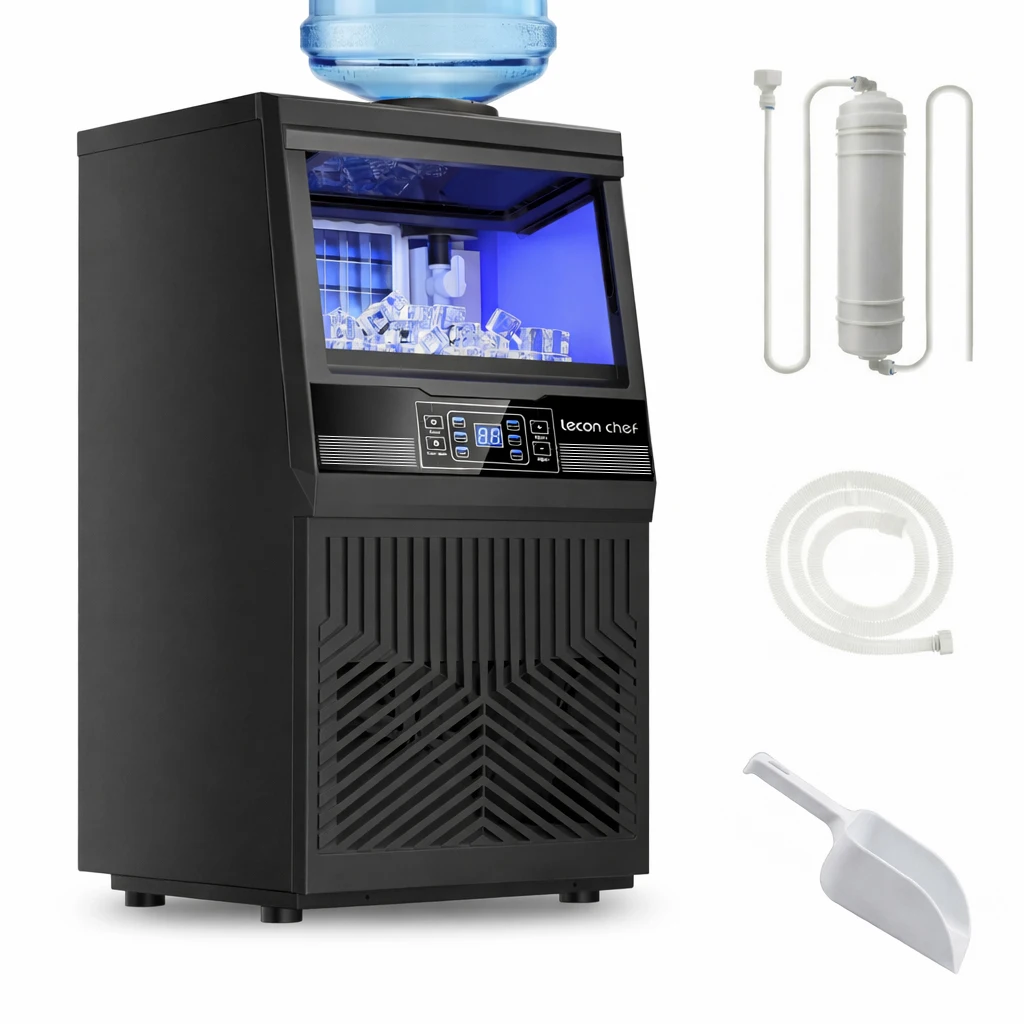 Commercial Ice Maker Machine 80Lbs/24H Dual Water Inlet Black 20Lbs Storage Bin, Freestanding, 36 Ice Cubes/Cycle, Adjustable Ice Thickness, Self-Cleaning, for Home, Bar, Coffee Shop