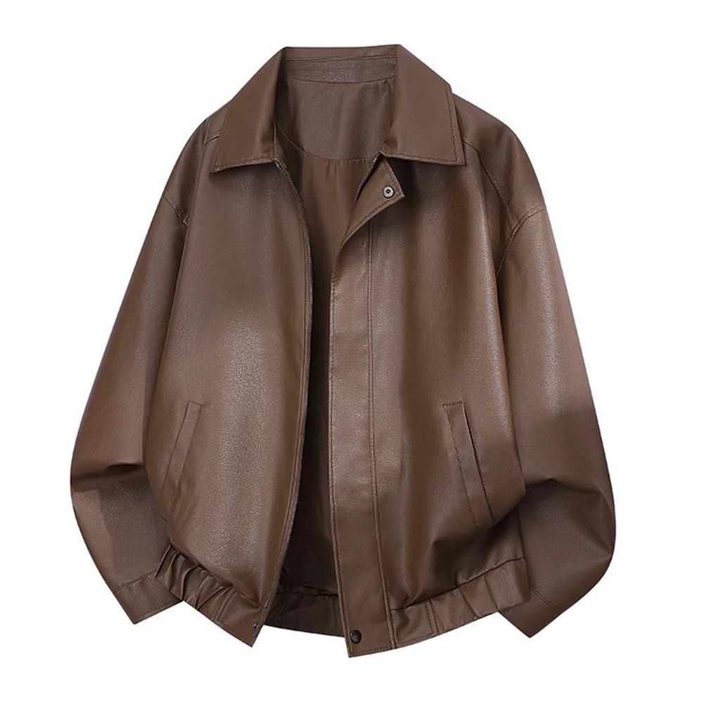 Men for retro Motorcycle Outwear Faux Leather Casual Street Outwear Men Leather Jacket Long Sleeve Design Solid Color Pattern