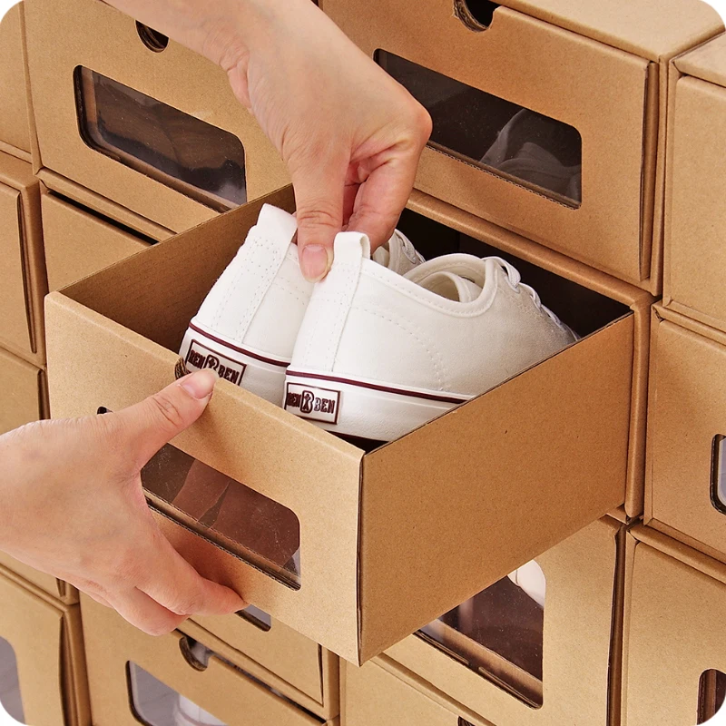 NEW Kraft Paper Shoe Boxes DIY Multifunction Foldable Eco-friendly Drawer Stackable Dust-proof Boots Organizer Case Shelf Stack