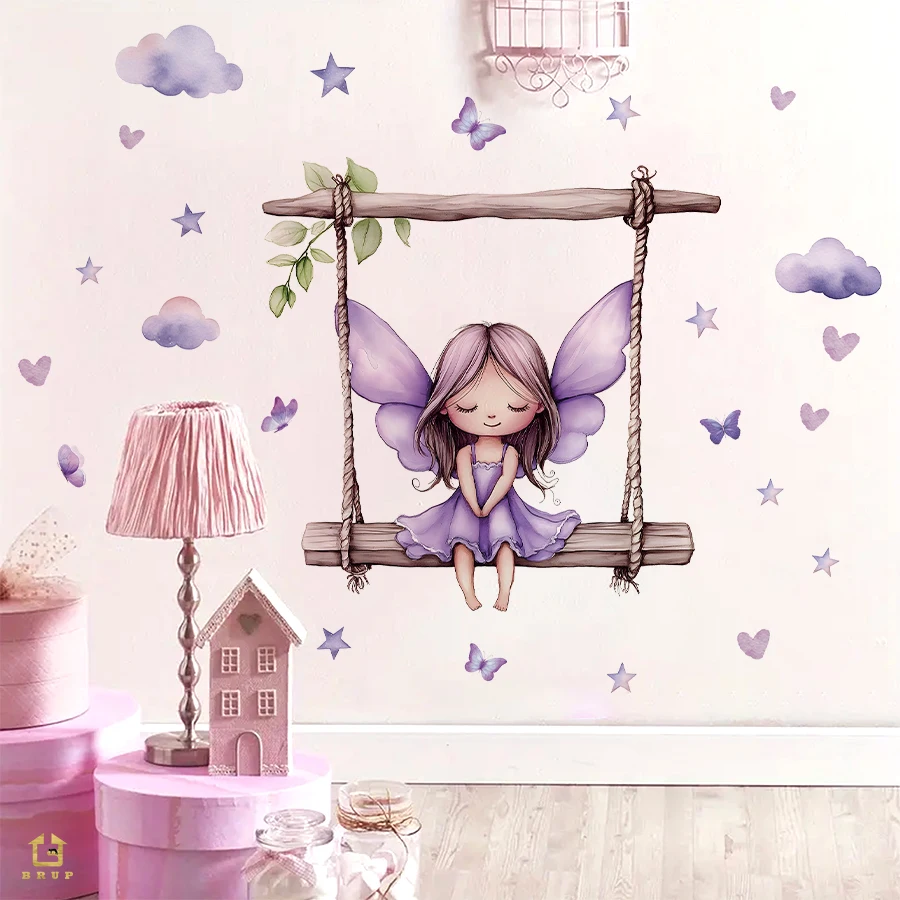 Purple Star Fairy Butterfly Swing Wall Decals - Whimsical Removable Vinyl Stickers For Kids Bedroom Nursery & Fantasy Room Decor