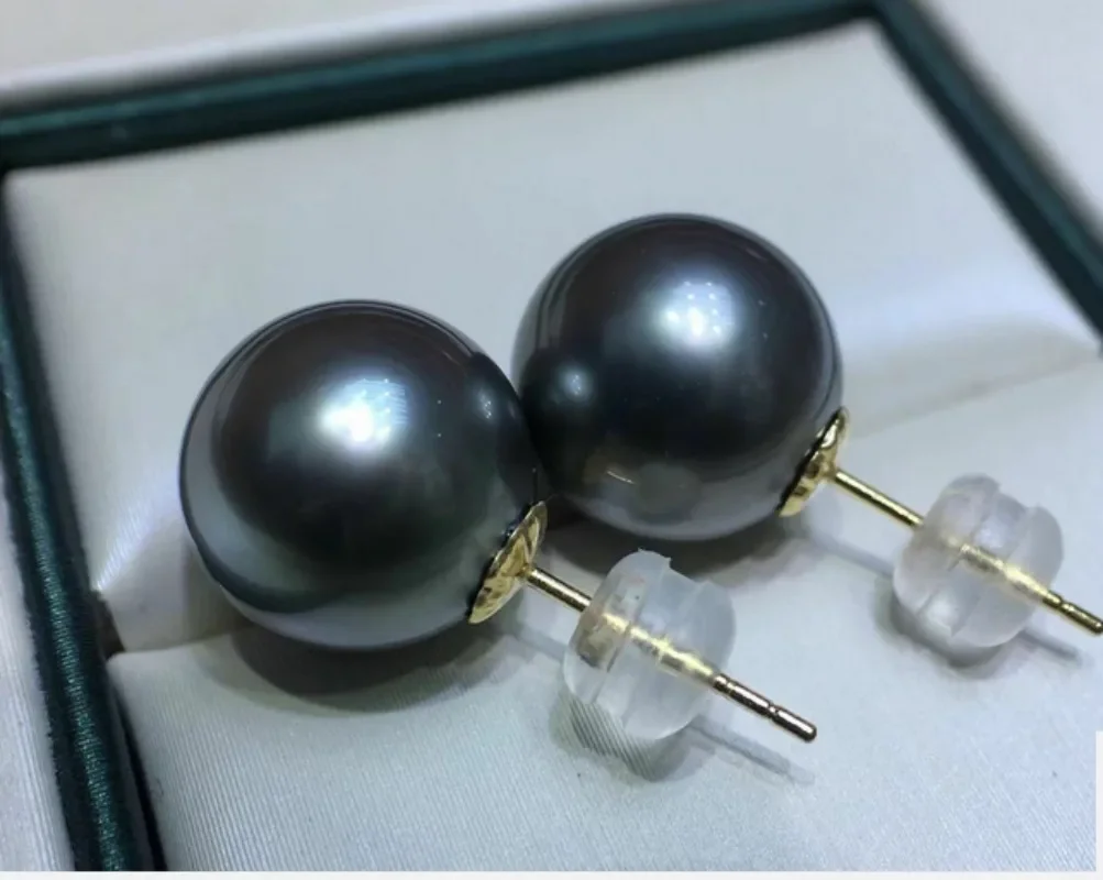 Elegant 12-13mm Black Round Pearl Stud Earrings for Women Simple Wedding Party Free Shipping Accessories Stud ,hook, Dangle