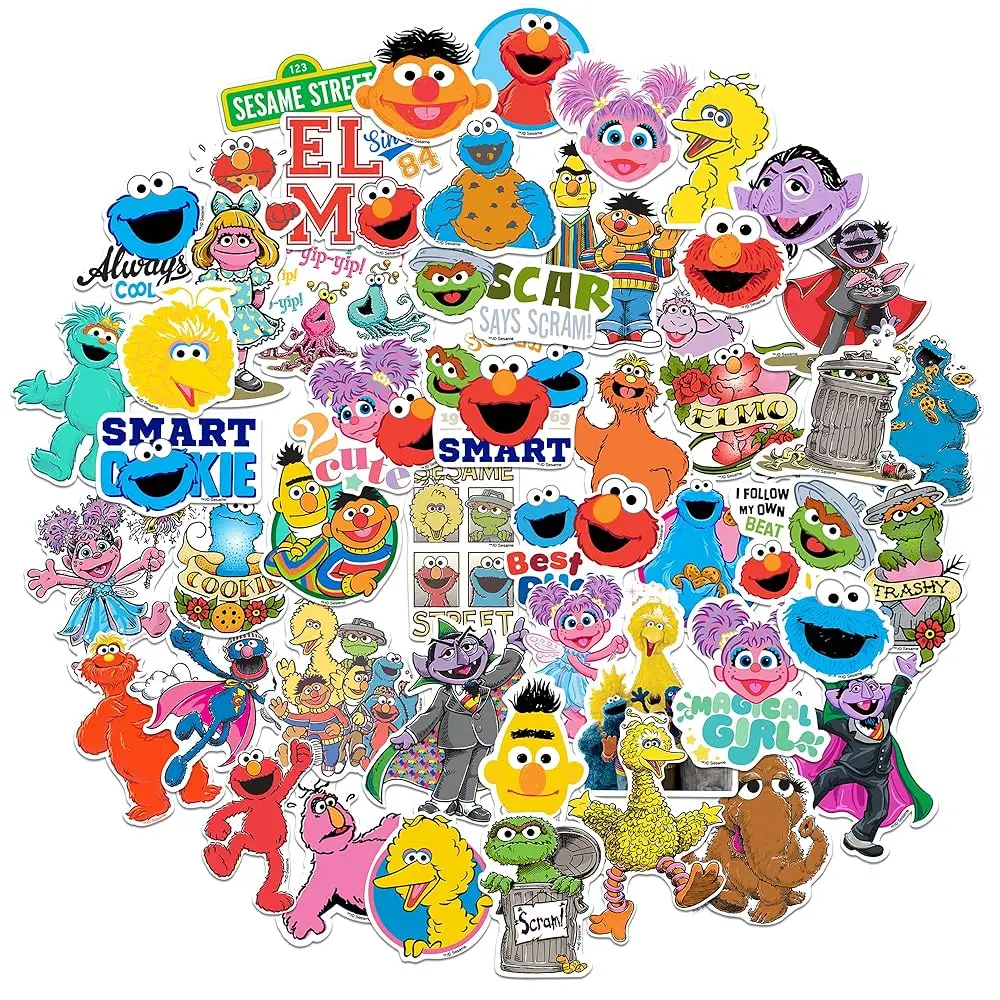 

Набор виниловых наклеек «Улица Сезам», 50 шт. – Элмо, Куки Монстр, Биг Бёрд, Оскар, Гроувер, Берт и Эрни, Эбби Кадабби, Розита и другие персонажи.