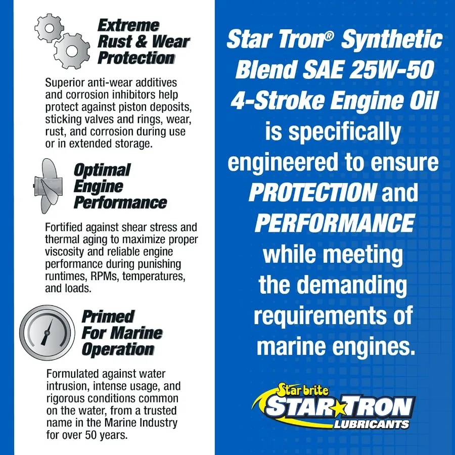 زيت المحرك Star Tron Premium 4-Stroke SAE 25W-50، مزيج صناعي، معتمد من FC-W، درجة بحرية #4