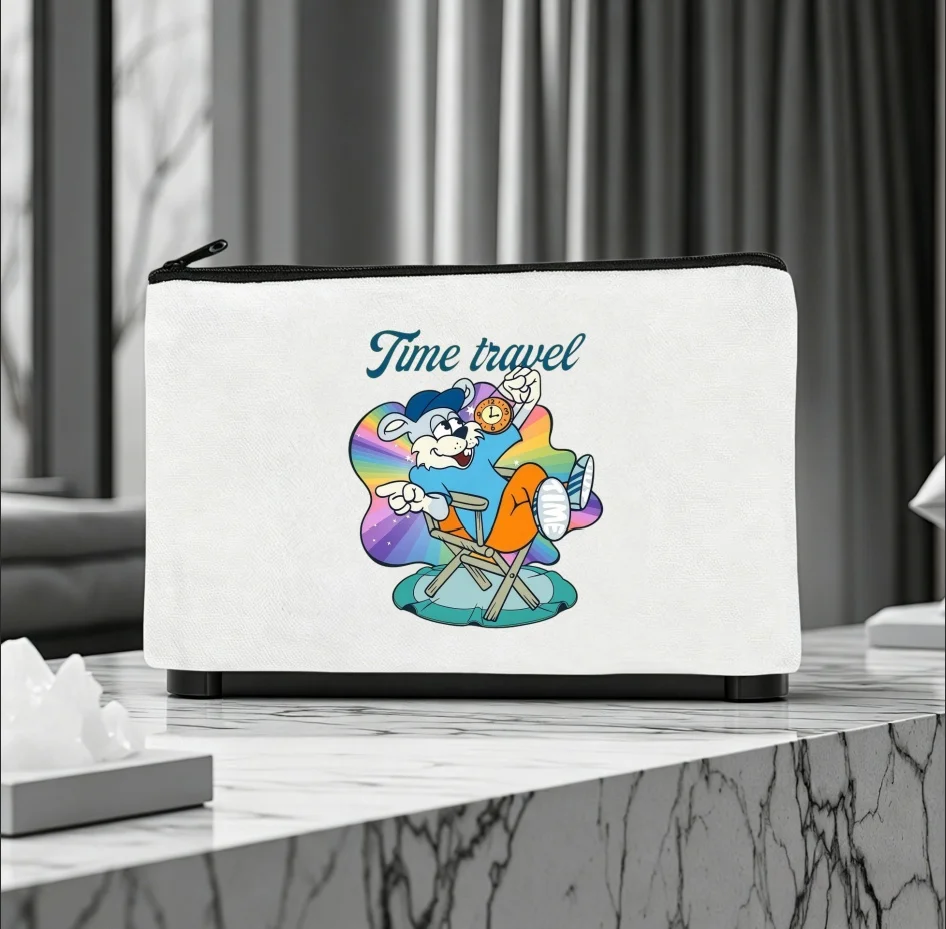 1PC Double-sided Canvas Pouch Time Travel Rainbow Rabbit Zipper Cosmetic Storage Bag