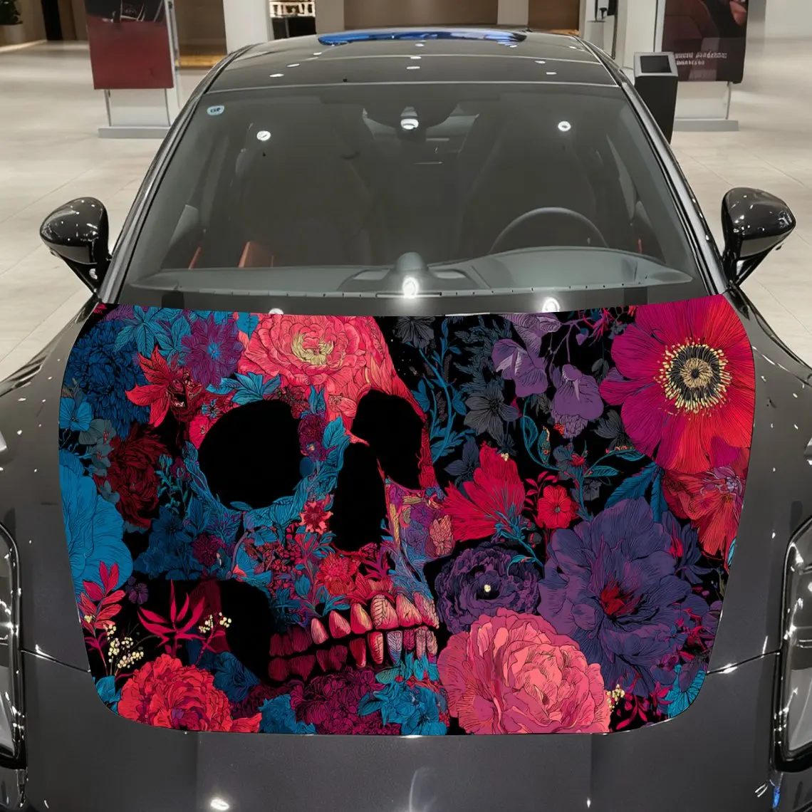 Calcomanía de calavera para coche con motivo floral colorido en estilo de fusión artística, pegatina estética para capó de coche de fantasía oscura artística afuda, Wat