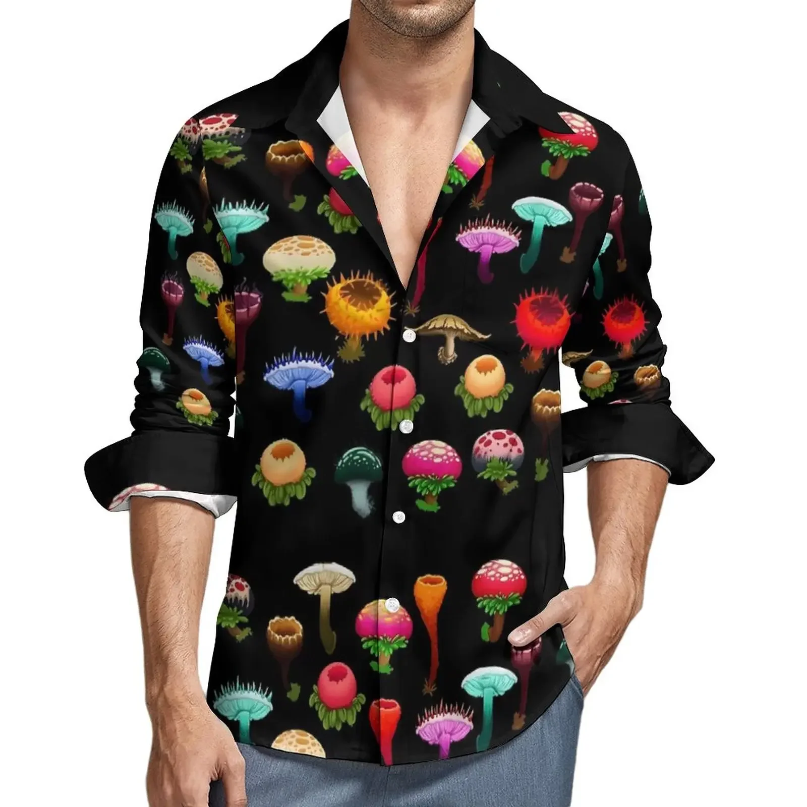 New Style Magic Mushrooms Shirt Spring Neon Mushroom Casual Shirts Men Retro Blouses Long Sleeve Design Aesthetic Clothing Tops