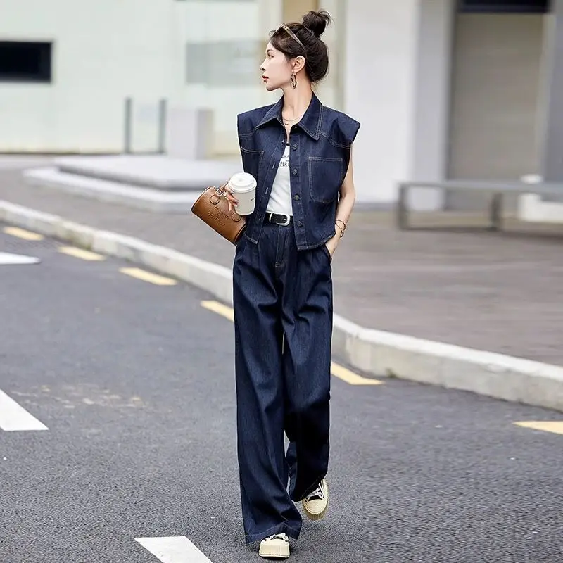Denim Pant Sets for Women 2 Pieces Jeans Korean Style Top and Bottom Classy Groups of Y2k Streetwear Outfit Cheap Trousers Woman