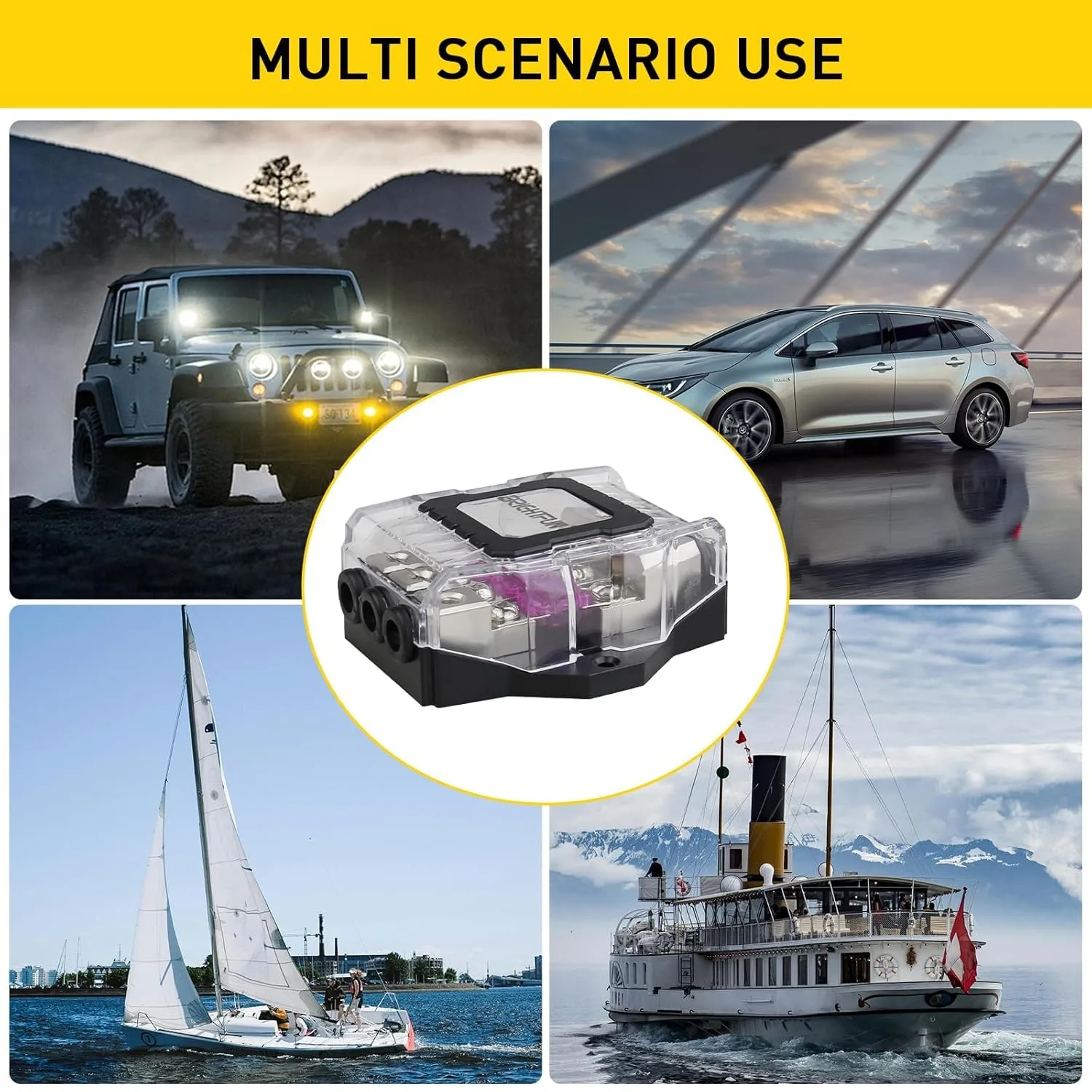 

3-Way Power Distribution Block with 0/2/4AWG Input & 3×4/8/10AWG Outputs, Amp Ground Distributor Car Audio Amplifier Splitter