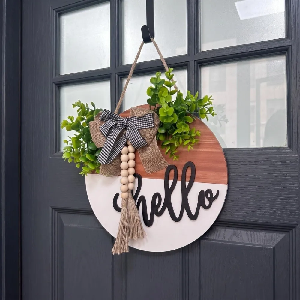 30cm 11.81in Wooden Welcome Sign Artificial Flower Plant Bowknot Door Wreath Round Shape Welcome Hello Wall Art Front Door