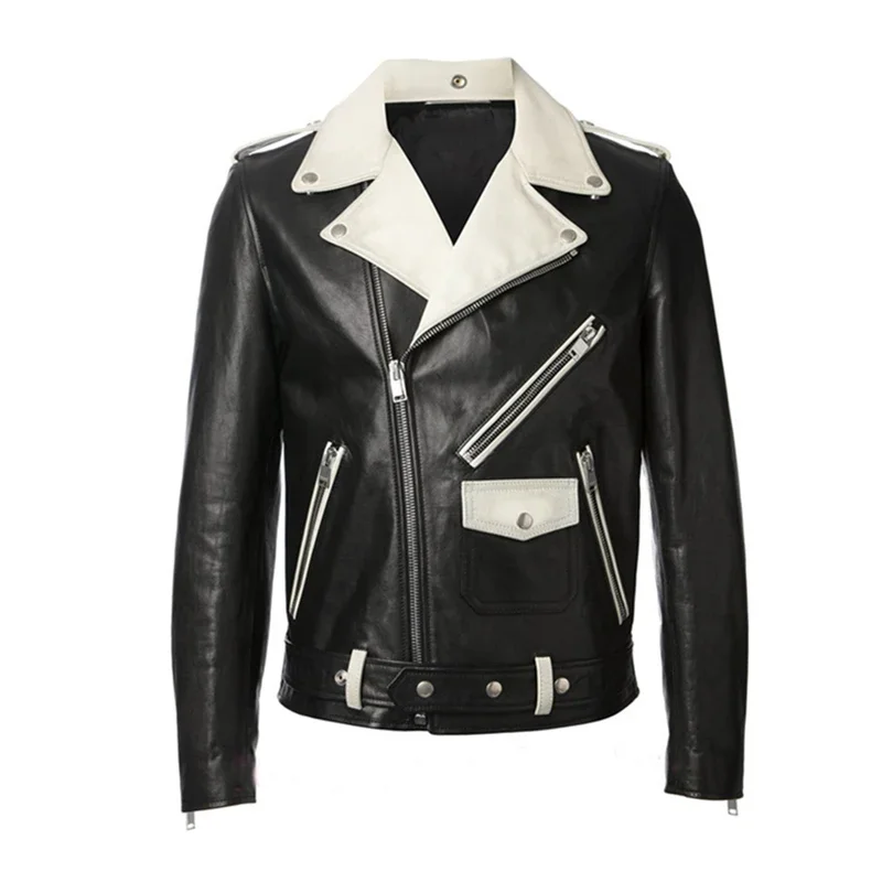 Motorcycle Black and White Leather Jacket Korean Version Leather Jacket Lovers Fashion Jacket