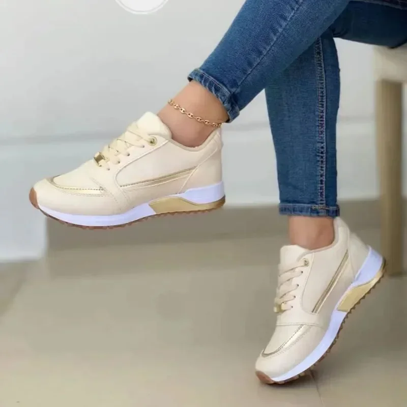 Sepatu wanita diskon besar musim gugur, sepatu vulkanisir wanita, sepatu renda, musim gugur, ujung bulat, warna campuran, sneaker kasual penambah tinggi, 2024