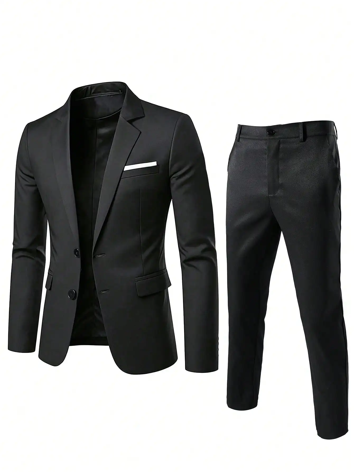 Men's Black Slim Fit 2 Pieces Suit, Single-Breasted Contrast Pocket Blazer Jacket + Trousers, Suitable For Business, Wedding, Everyday Wear