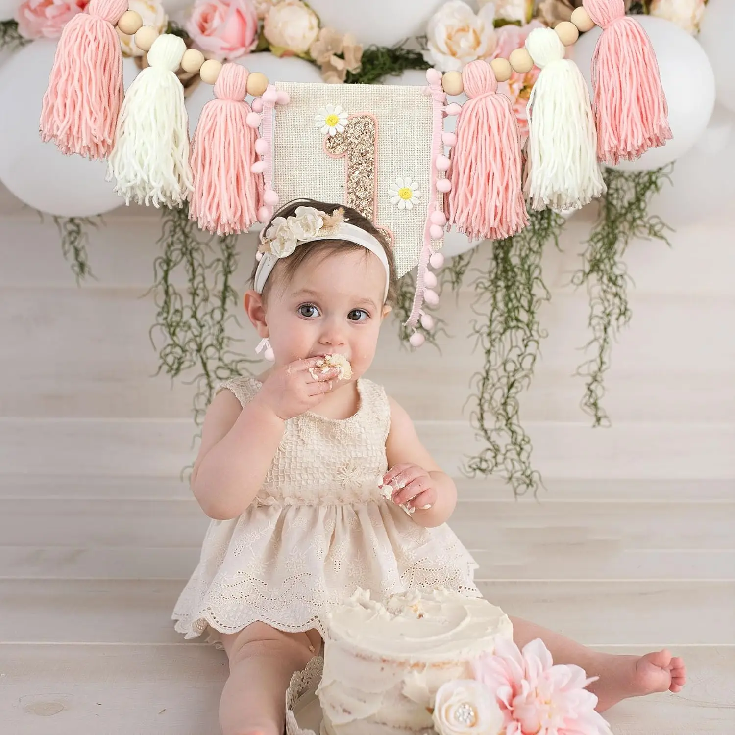 Boho 1. Geburtstag Hochstuhl Banner Rosa Party Dekoration für Mädchen Baby Dusche Wandbehänge dekorativ für Kinder Schlafzimmer – Detail 2