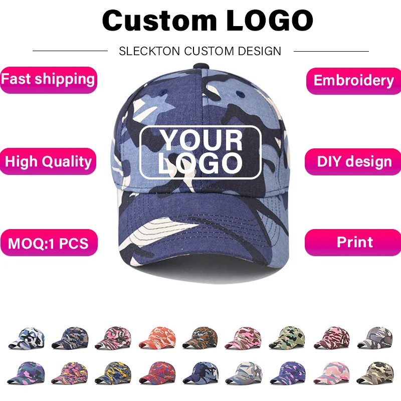 

SLECKTON Custom Logo Embroidery Camouflage Baseball Cap for men DIY Design letter pattern Print Light Plate cap Unisex Wholesale