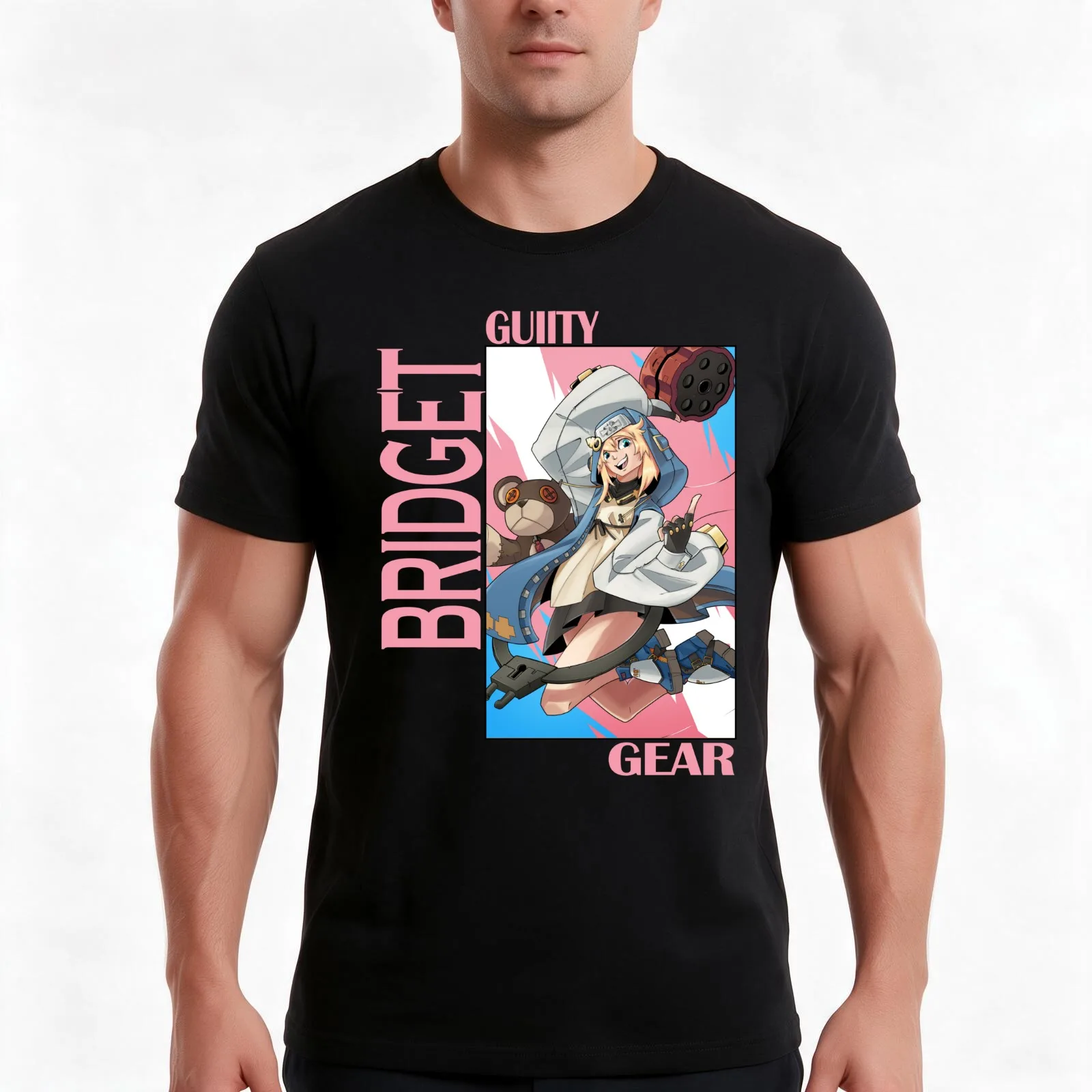 Guilty Gear Bridget T-Shirt, Summer Casual Cotton Tee, Oversized Streetwear Tops, Vintage Graphic Print, Loose Fit Short Sleeve