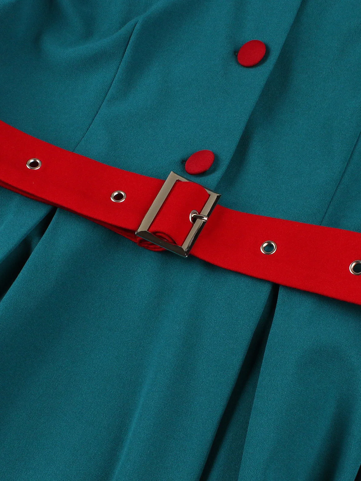 Tonval Notched Collar Cap Sleeve A-Line Summer Long Dress 2025 Women Plain Vintage Button-Up Peacock Blue Dresses with Red Belt - view 6