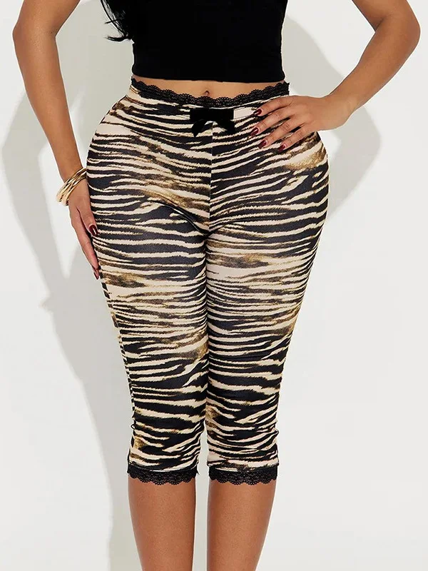 

Повседневные женские брюки премиум-класса с леопардовым принтом, кружевом и прямым кроем, длиной 7/8