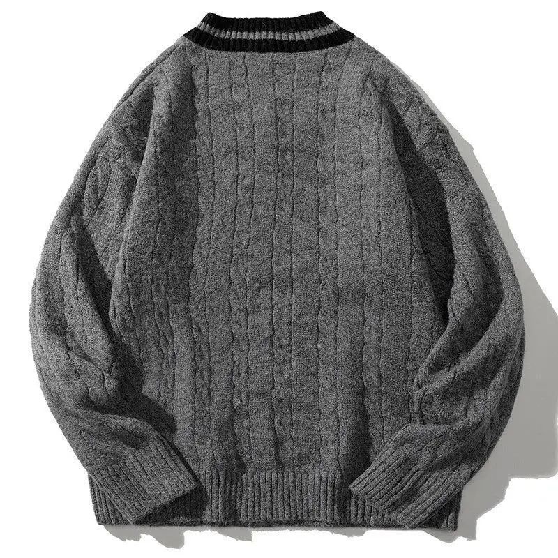 Suéteres de punto de gran tamaño para hombre, jersey negro con cuello en V, prendas de punto a rayas Vintage, ropa de invierno