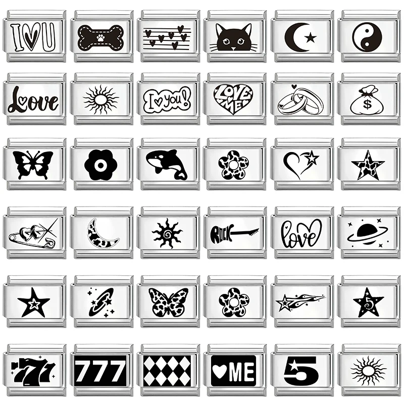 Laser Engraving Cat Moon Star Heart Flower Italian Charm Links Fit 9mm Stainless Steel Bracelet Fashion Women DIY Making Gifts