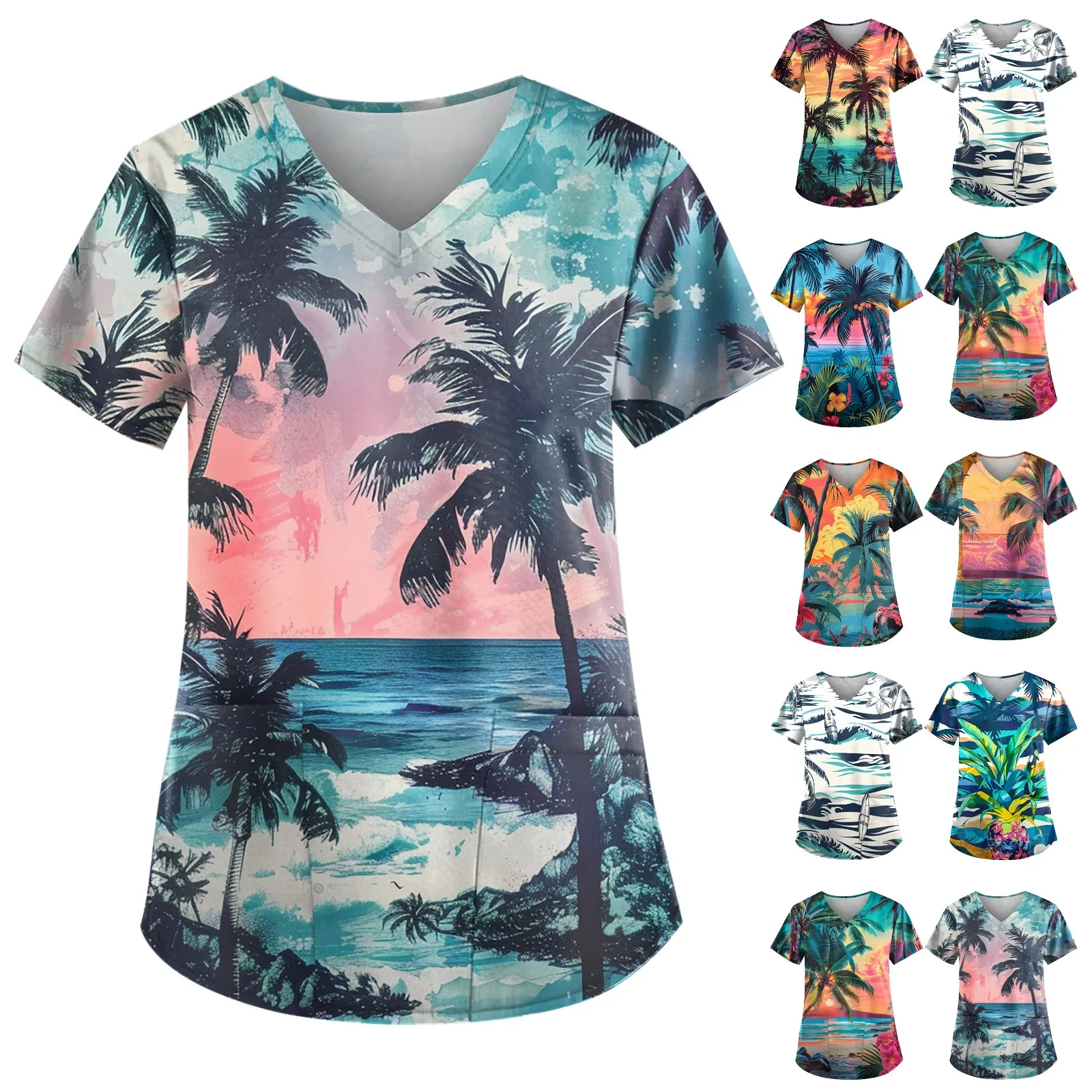 Nurse Uniform Women Summer Short Sleeve V Neck Tops Work Uniform Hawaii Beach Print Pocket Shirt Overalls Nurse Uniform