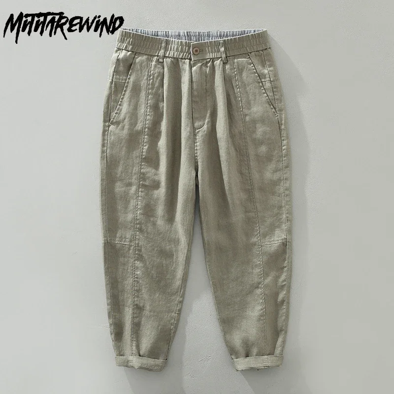 

Japanese Vintage Pure Linen Pants Men Summer Daily Casual Pants Elastic Waist Straight Nine Point Pants Breathable Mens Trousers