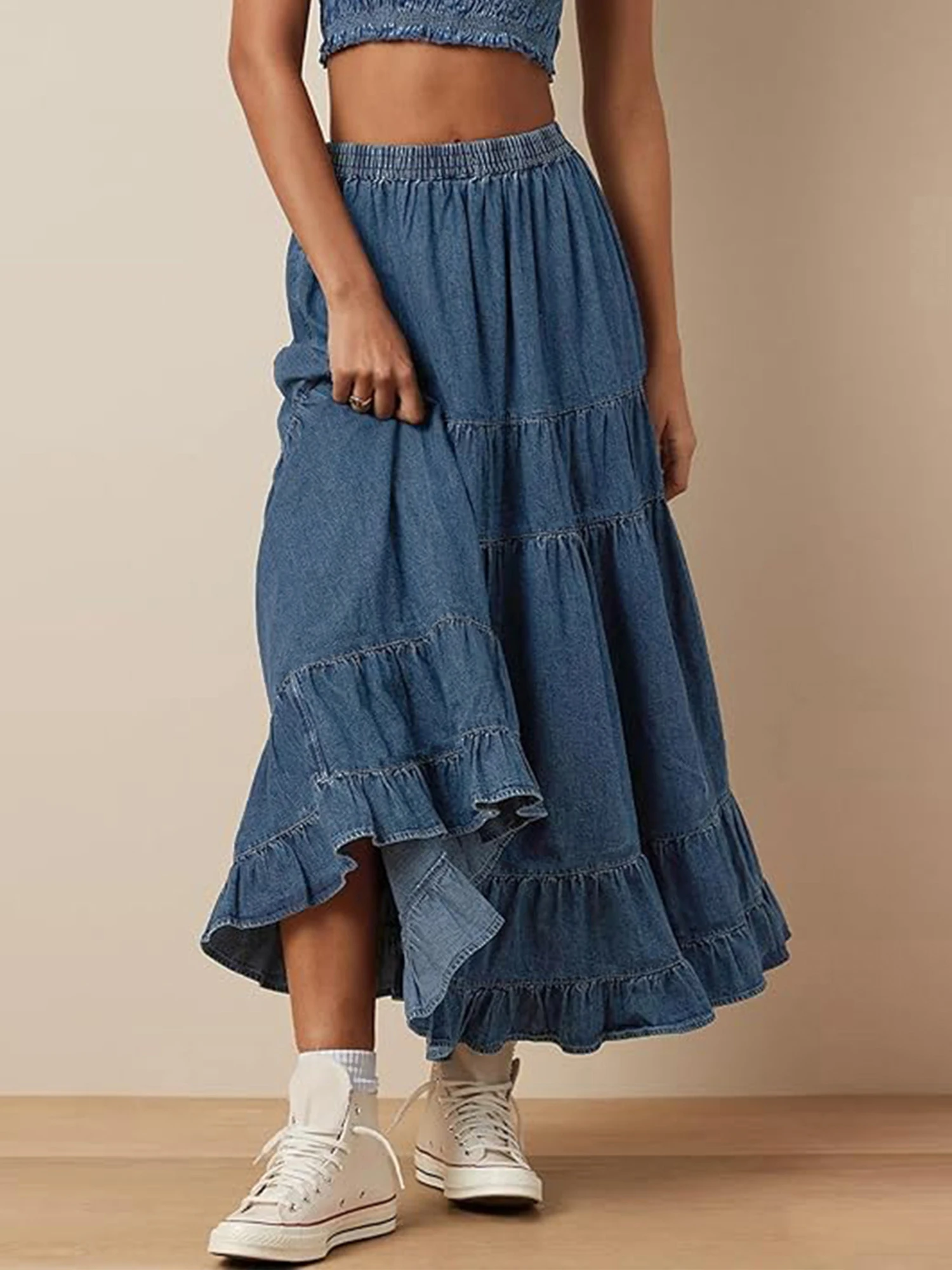 

Women s Denim Maxi Skirt with Tiered Layers and Elastic Waistband A-line Silhouette Casual Ruffle Design Perfect for Summer
