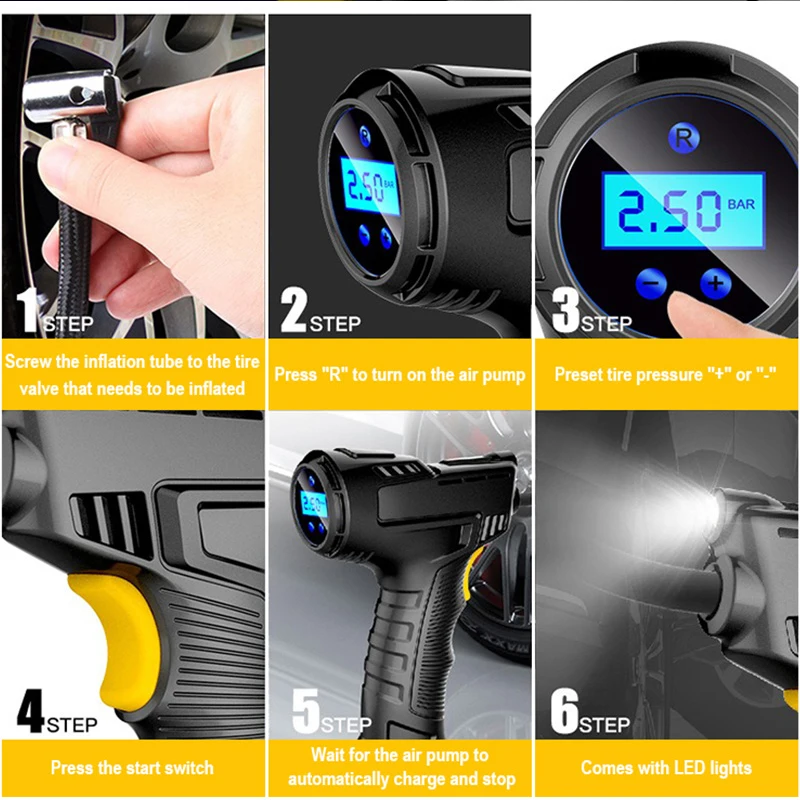 EAFC Handheld Car Air Compressor 120W Wireless/Wired Inflatable Pump Air Pump Digital Car Tire Inflator Machine for Car Bicycle