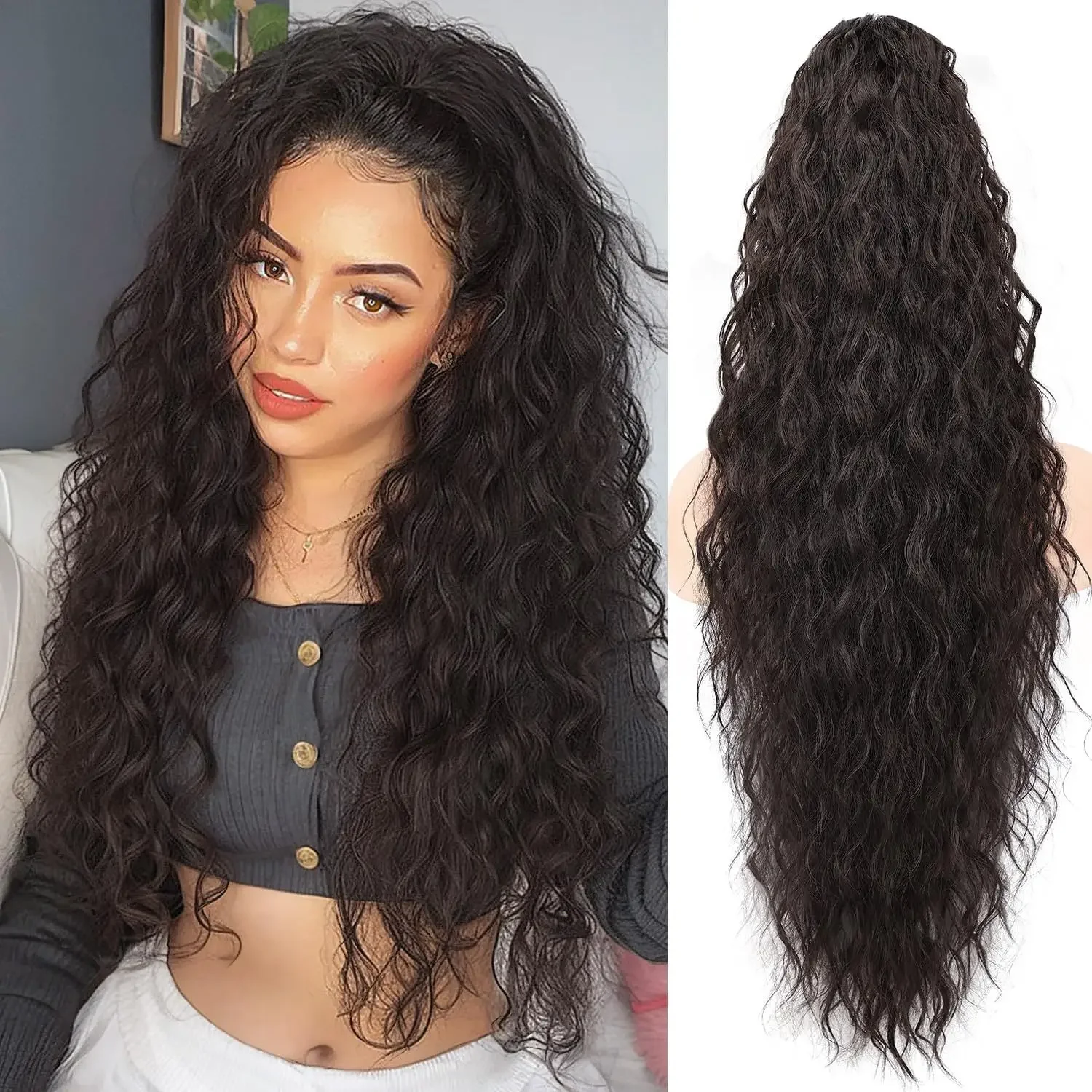 Practical Classic Wig Grab Clip Ponytail Corn Perm Long Curly Hair Fluffy Long Curly Hair Ponytail Cosplay Accessories Gothic Co