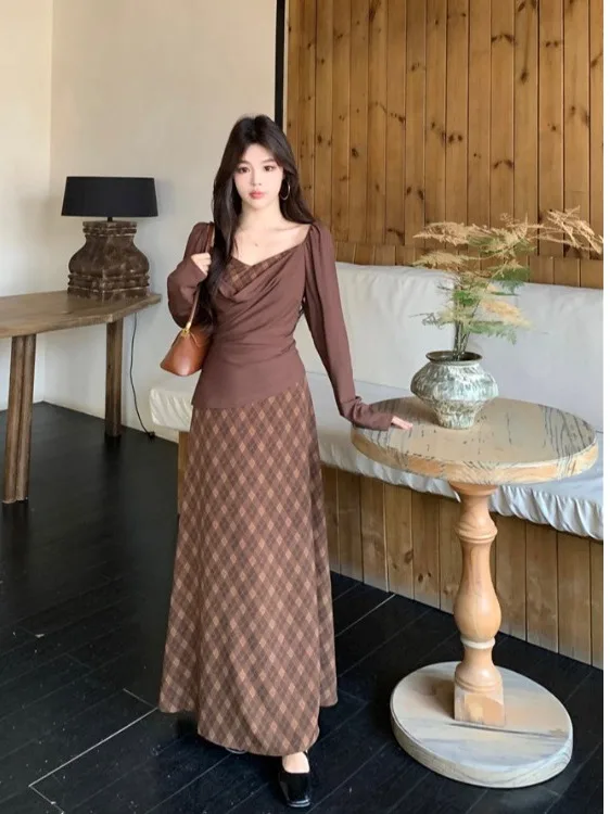 

Женское вязаное платье больших размеров с пэчворком, осенне-зимнее, приталенное, А-силуэт, в корейском стиле