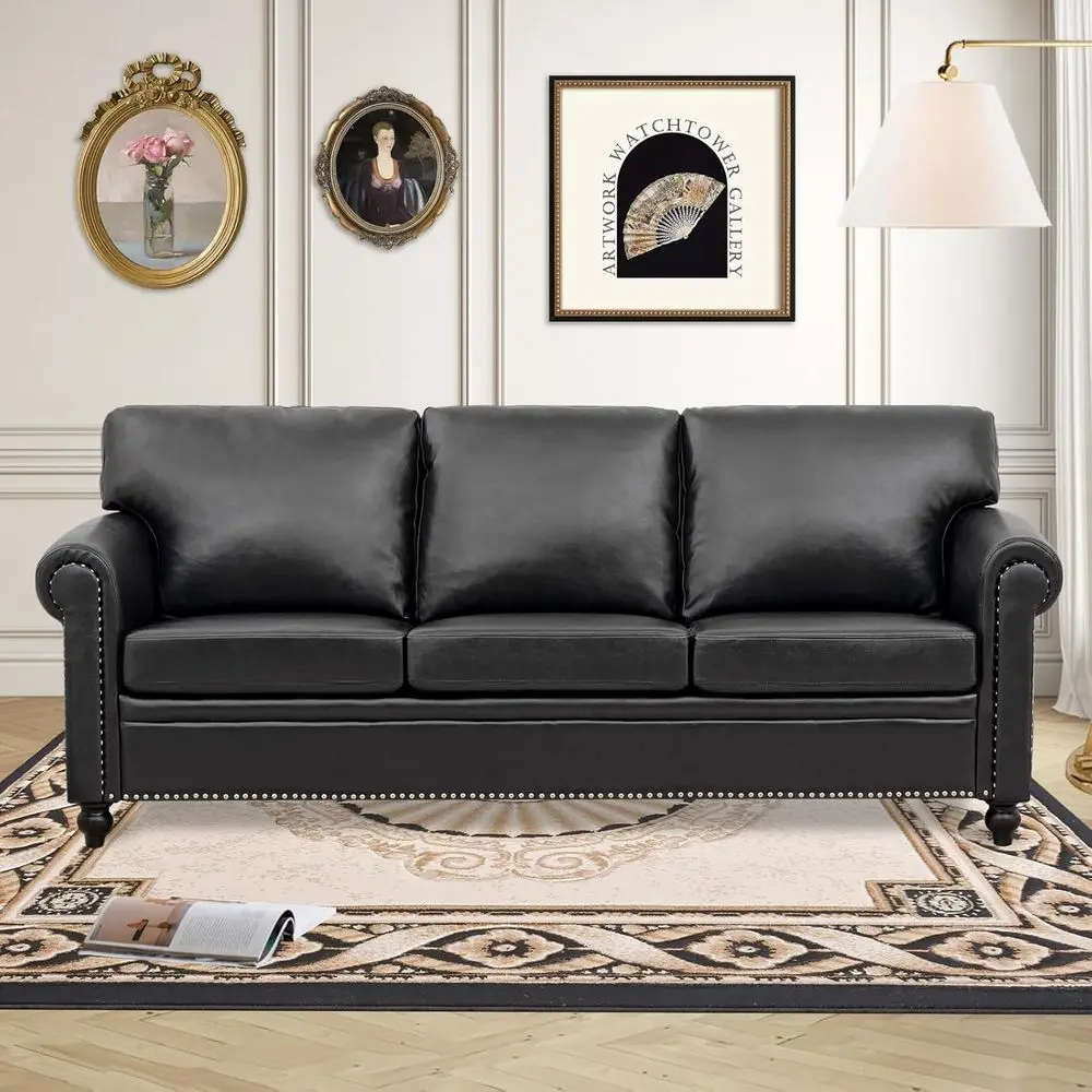 

3 Seater Traditional Leather Sofa with Detachable Cushions, 84 for Living Rooms, Bedrooms, and Offices - Tool-Free Assembly