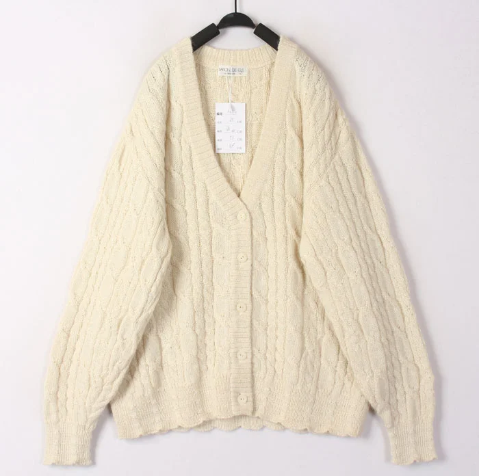 

Vintage Autumn Winter White Knitted Woolen Sweater Cardigan Bean Shape 3D Hook Flower Loose Fit V Neck Long Sleeve Thick Warm