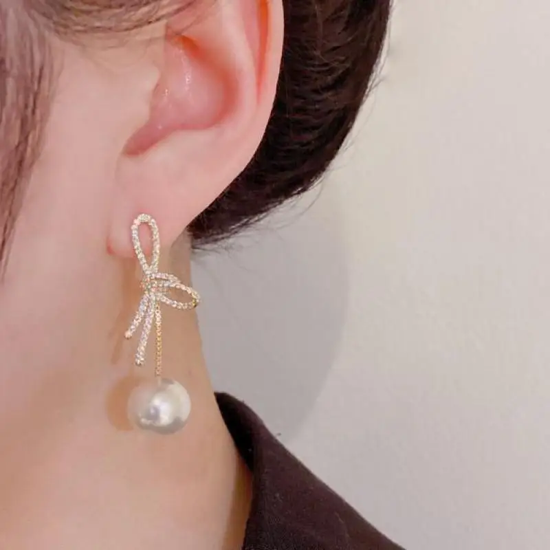 925 Silver Needle Korean Fashion Crystal Bowknot Earrings For Women Jewelry 2024 Trending New Luxury Women's Pearl Drop Earrings