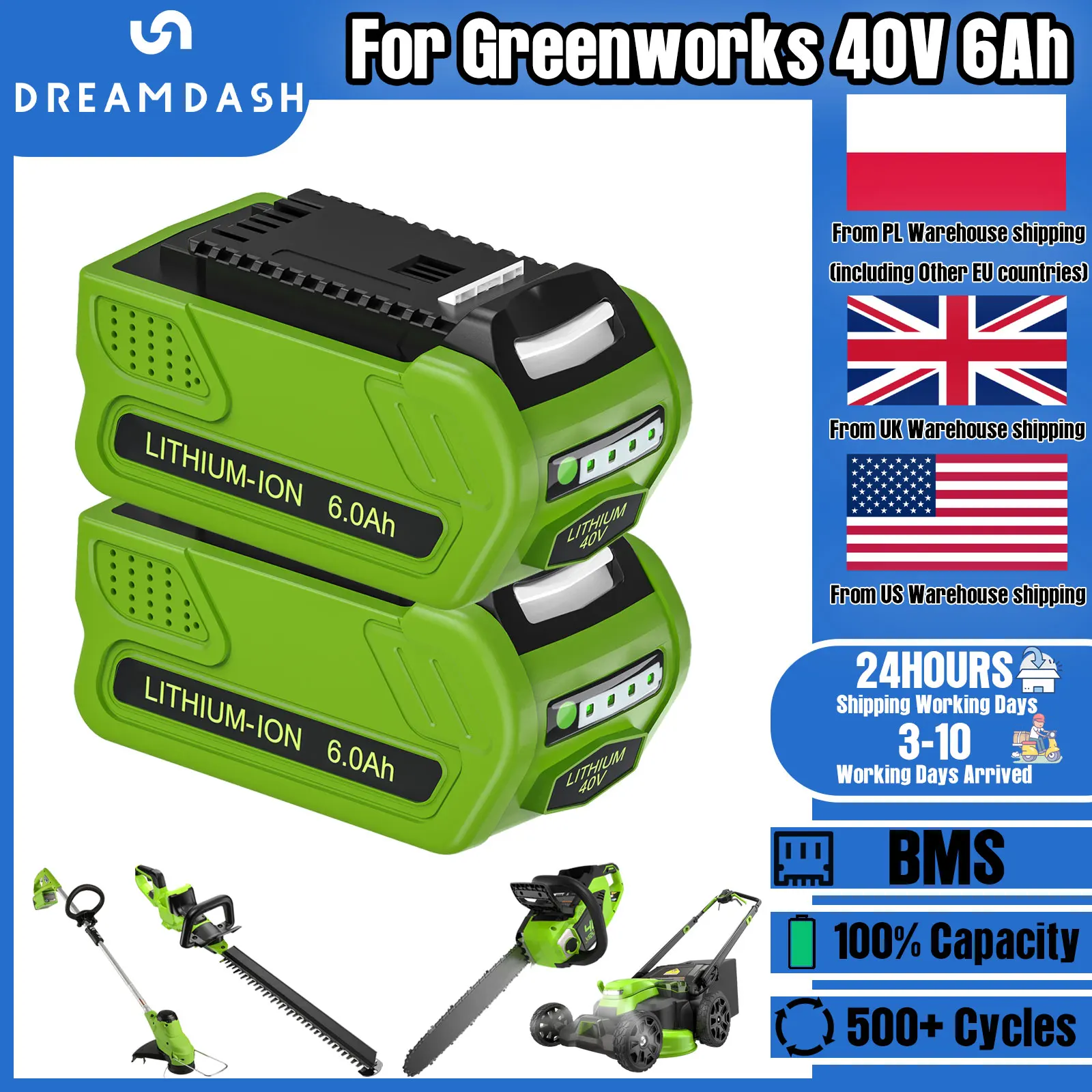 

Dreamdash For Greenworks 40V G-MAX 6Ah 29252/22262/25312/25322/20642/22272/27062/21242 For Lawn Mower/Leaf Blower Power Tools