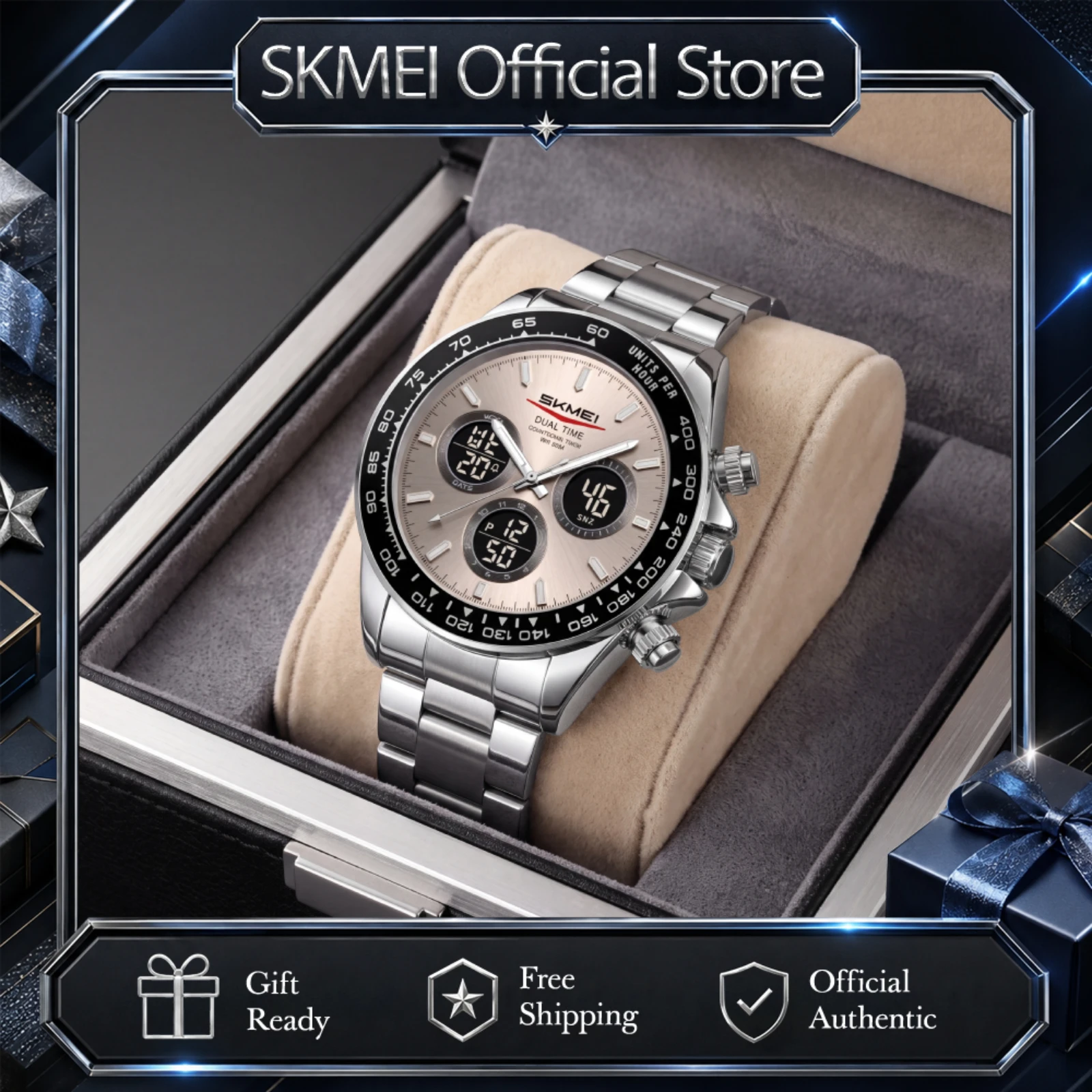 SKMEI 2587 Fashion Digital Watches Waterproof Men's Business Wristwatch Quartz Clock 2Time Countdown EL Light For Office Casual