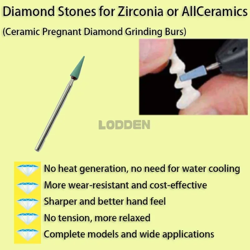 LODDEN Dental Lab Diamond Stones for Zirconia All-ceramics Ceramic Diamond Grinding Burs Polisher Medium Green Laboratory Tools