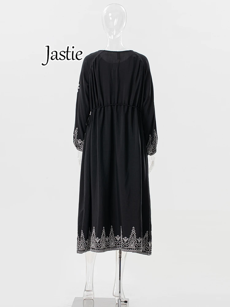 Jastie Vintage Embroidered Black Dresses For Women Lace Up V-neck Long Sleeve Autumn Dress Casual Beach Boho Holiday Dresses