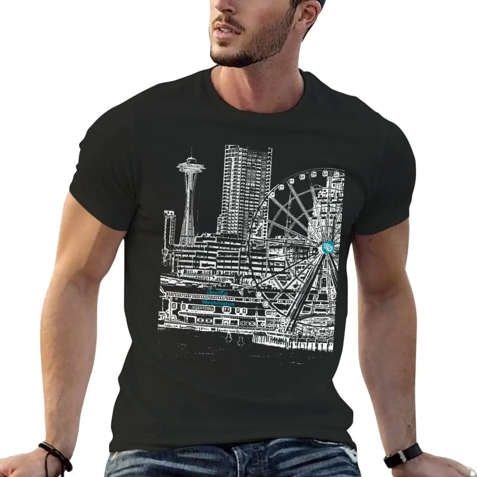 Seattle, Washington, US - Downtown Seattle waterfront - Seattle Landmarks T-Shirt anime t shirts slim fit t shirts for men