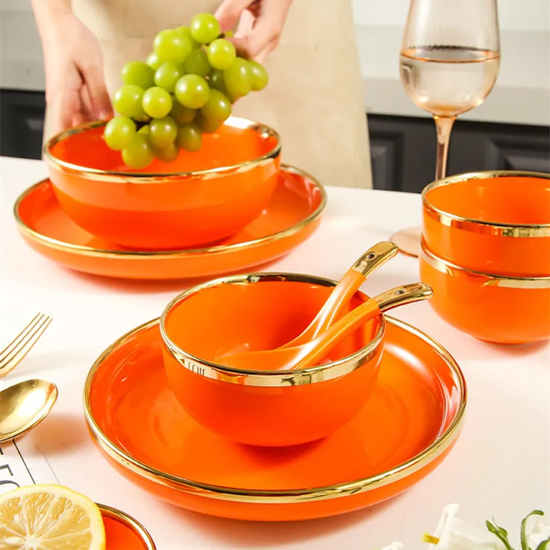 

Bright Orange Porcelain Kitchen Dinner Plate Ceramic Tableware Food Dishes Rice Salad Noodles Bowl Fish Plate Soup Spoon 1pcs