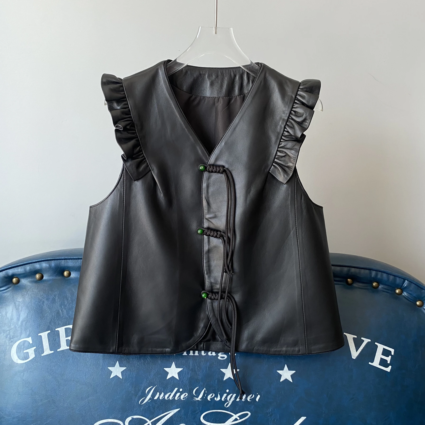 

Осень 2024, женский жилет из натуральной кожи из вожной кожи с v-образным вырезом и подкладкой, сказочная куртка, длина Sle ort