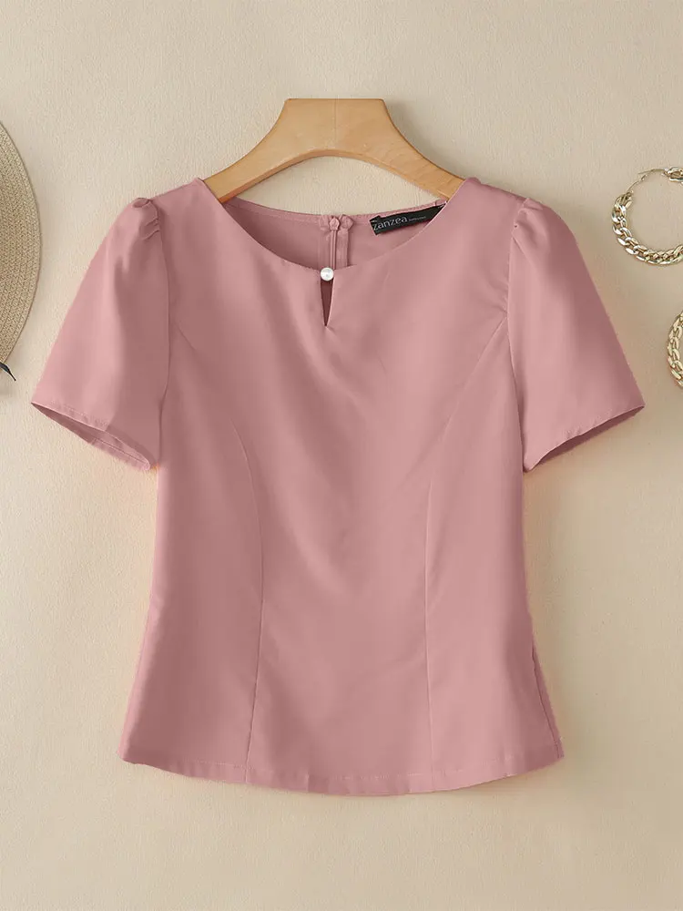 قمصان مكتب أنيقة من ZANZEA بلوزة صيفية متينة للعمل أنيقة بأكمام قصيرة وقصة ضيقة بلوزات عصرية للعطلات كبيرة الحجم